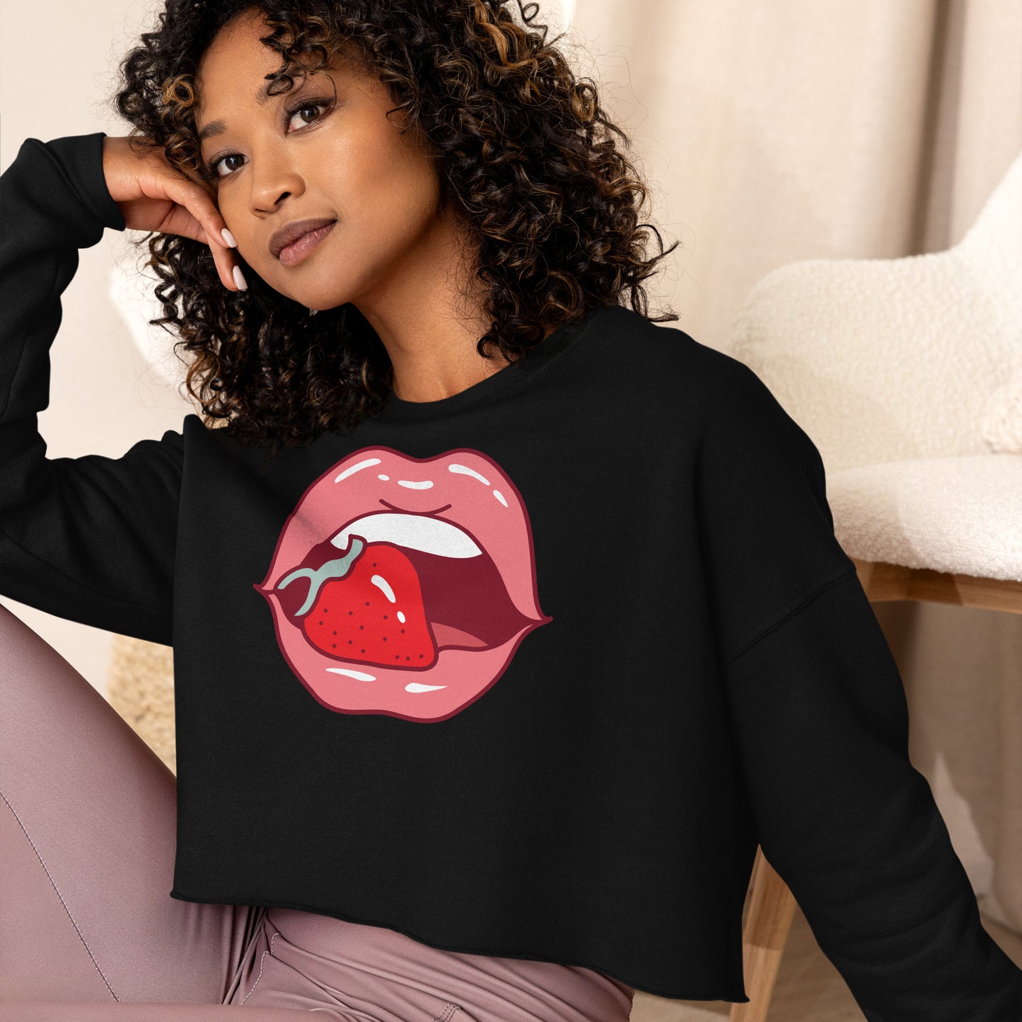 Crop Sweatshirt Womens (Lips and Strawberry - Fun Lips 0022)