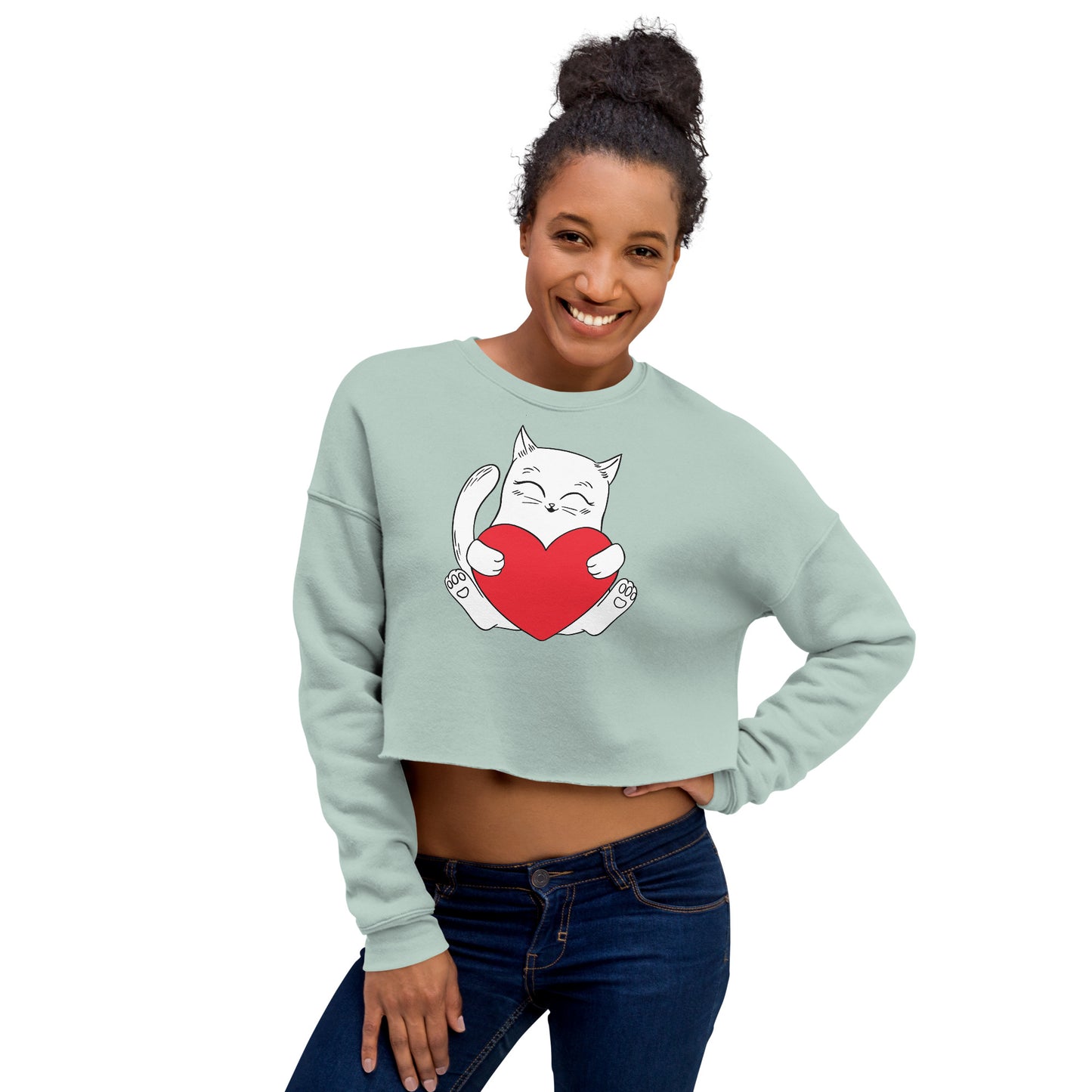 Crop Sweatshirt Womens (Cute Cat With Heart - Cat Love Heart 0026)