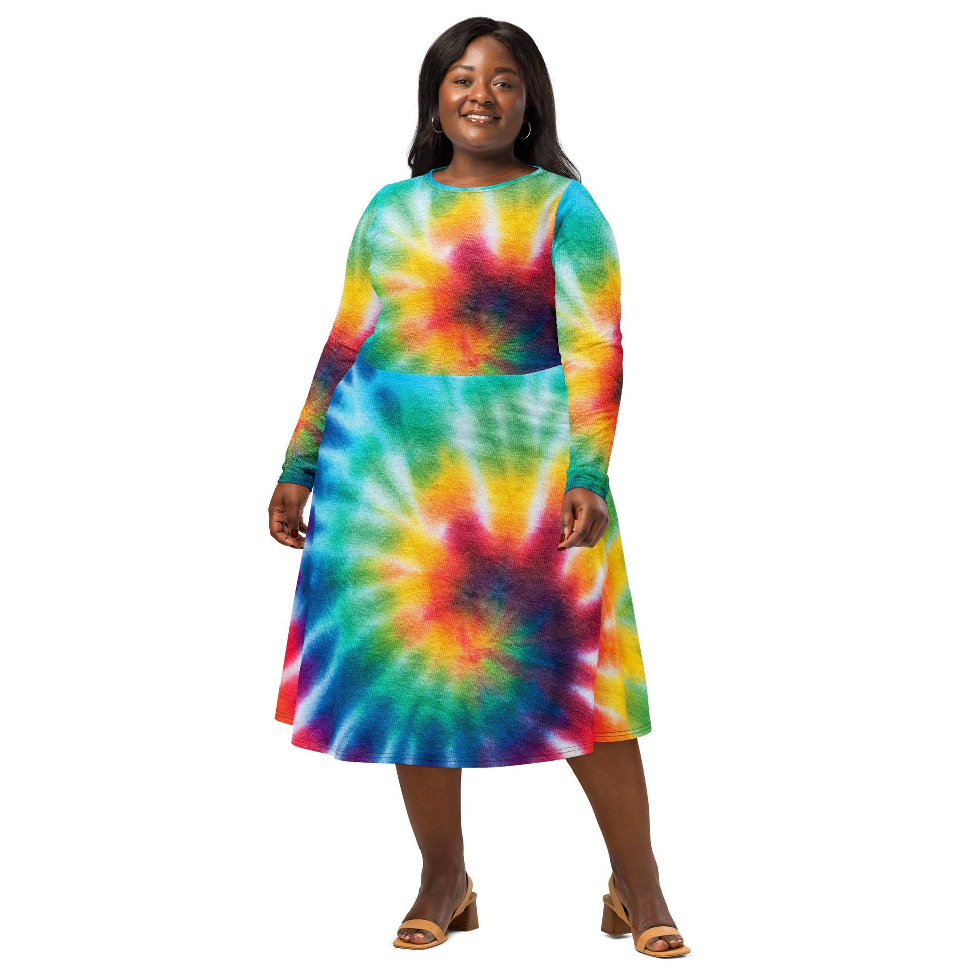 tie dye long sleeve midi dress Brown Tie Dye Long Sleeve Midi Dress L