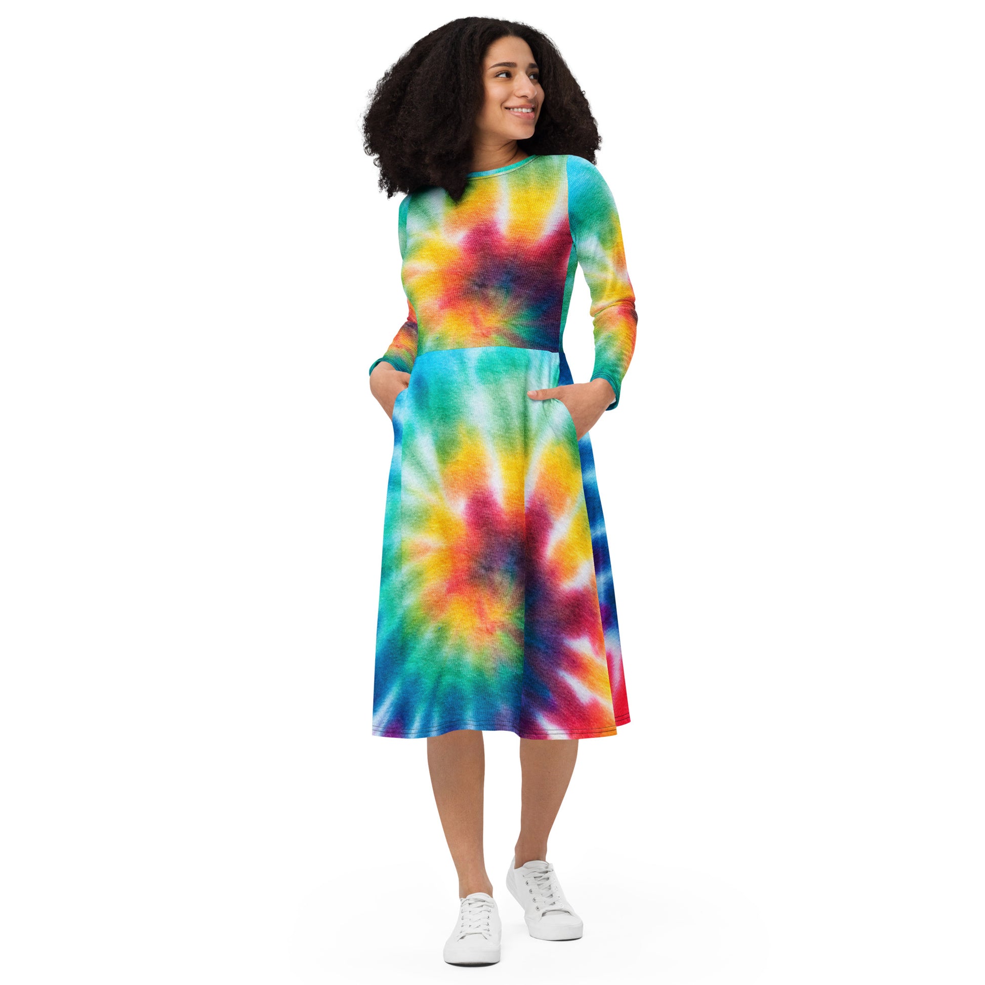tie dye long sleeve midi dress Brown Tie Dye Long Sleeve Midi Dress L