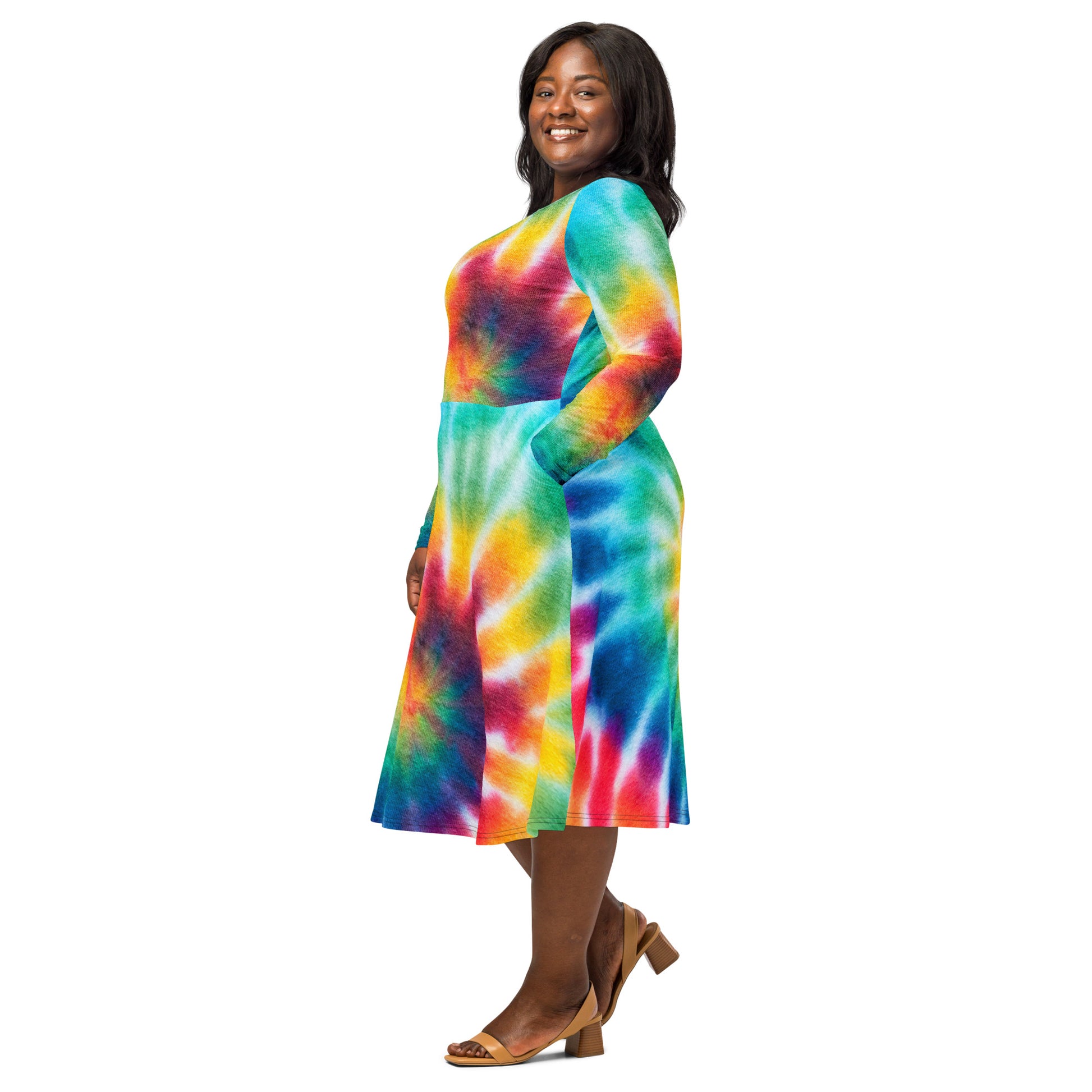 long sleeve tie dye midi dress Vibrant Tie-dye Long Sleeve Ruched Midi Dress