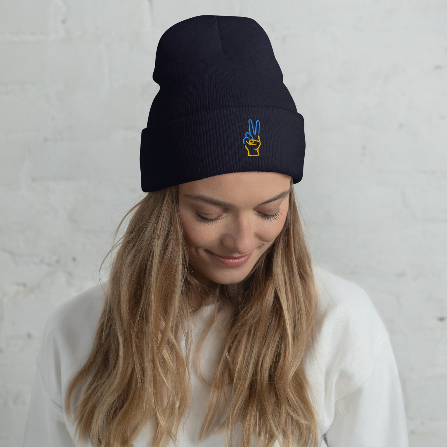 Cuffed Beanie Women Designer (Luxury Cuffed Beanie - Colour 0029) - Stand with Ukraine Peace Hand