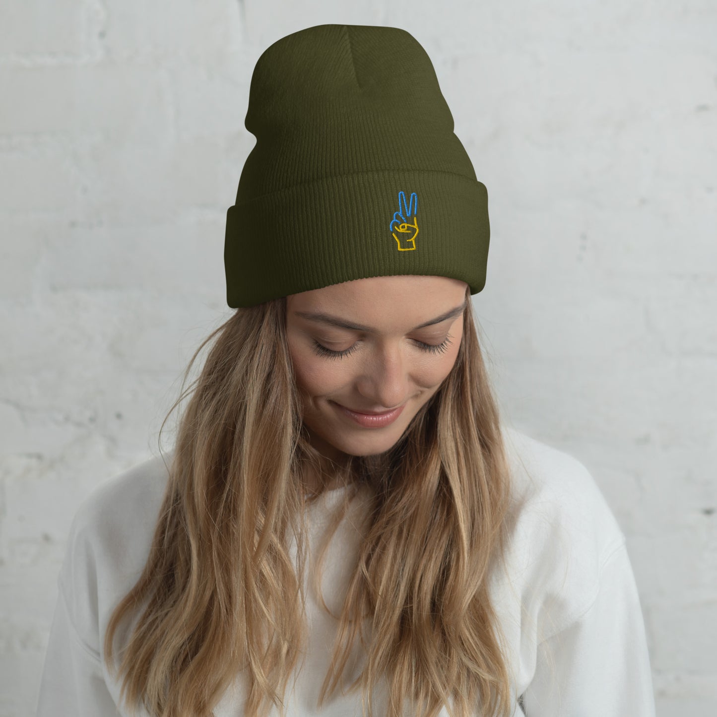 Cuffed Beanie Women Designer (Luxury Cuffed Beanie - Colour 0029) - Stand with Ukraine Peace Hand