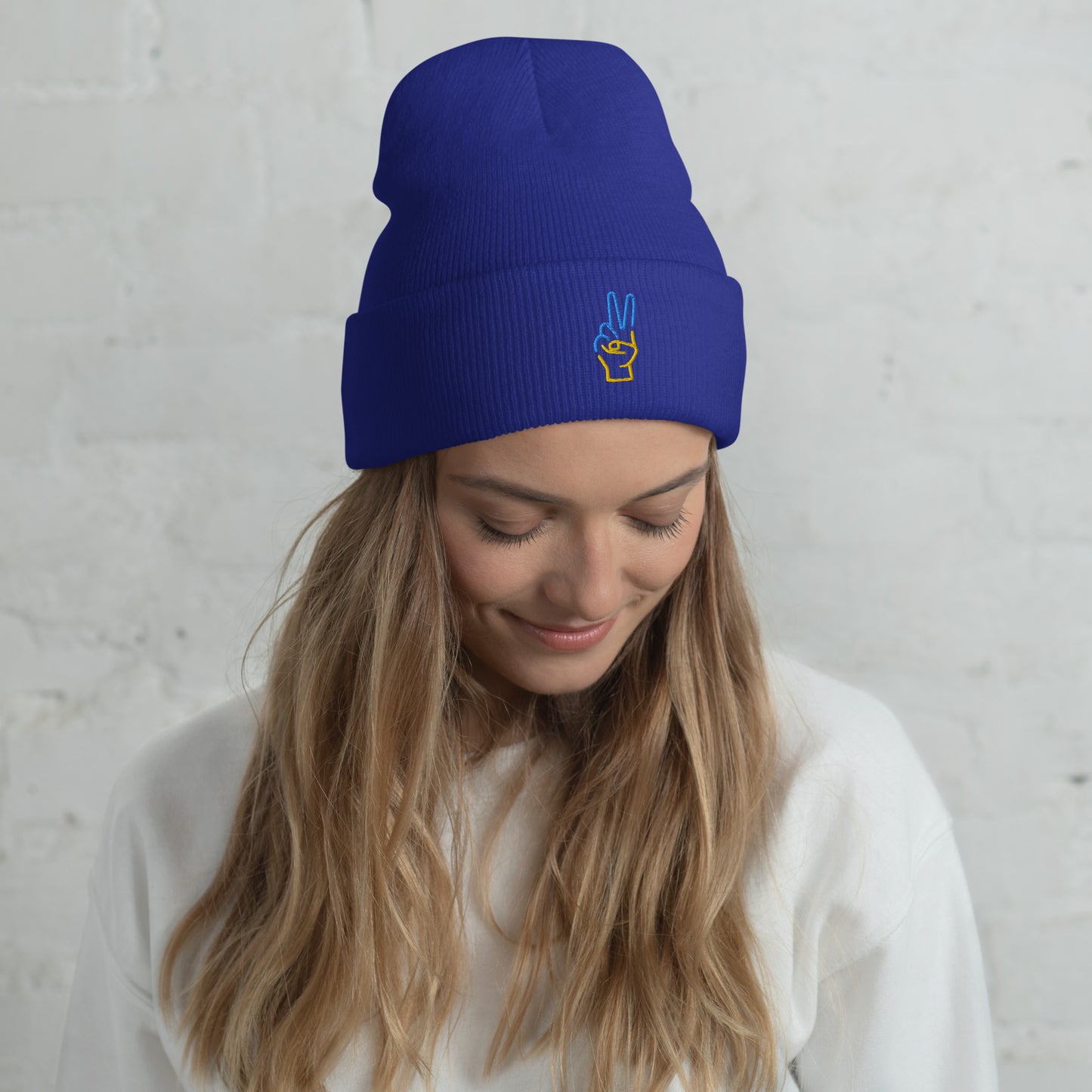 Cuffed Beanie Women Designer (Luxury Cuffed Beanie - Colour 0029) - Stand with Ukraine Peace Hand