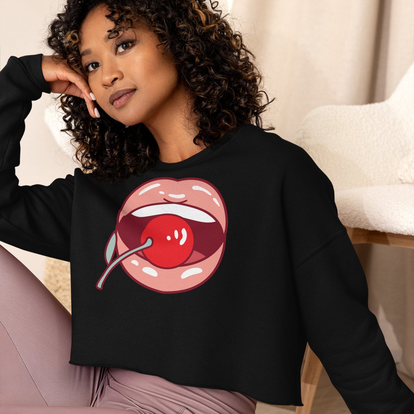 Crop Sweatshirt Womens (Lips and Cherry - Fun Lips 0021)